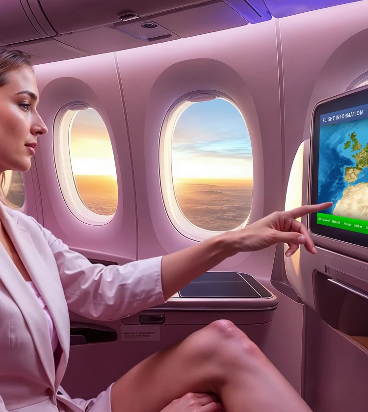 A passenger interacting with an in-flight entertainment system featuring an AUO ALED Creative LED Display, delivering crisp visuals and responsive touch functionality in an airplane cabin.)