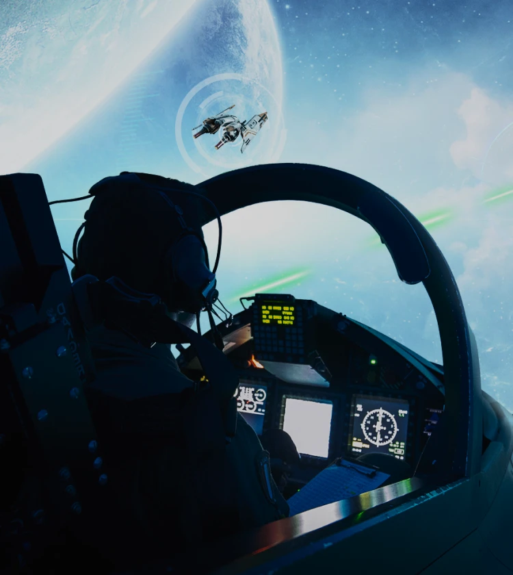 AUO ALED Dome Display showcasing an immersive space combat simulation from a cockpit perspective, highlighting its ultra-wide field of view, vibrant colors, and exceptional detail for an enhanced user experience.)