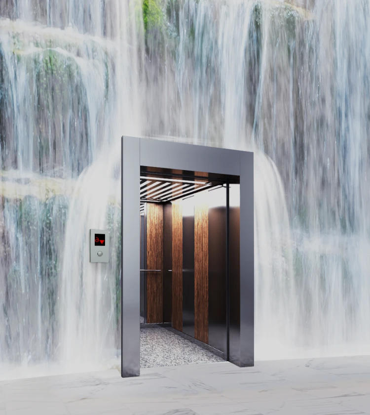 AUO indoor LED display creating a realistic waterfall effect in a modern interior space with an open elevator and dining area.)