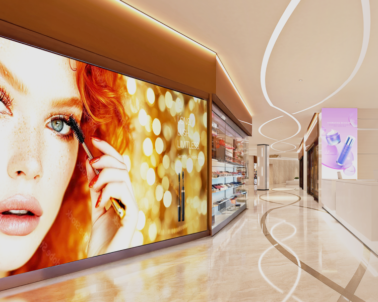 AUO indoor LED display showcasing a vibrant cosmetic advertisement in a modern retail store with sleek interior design.