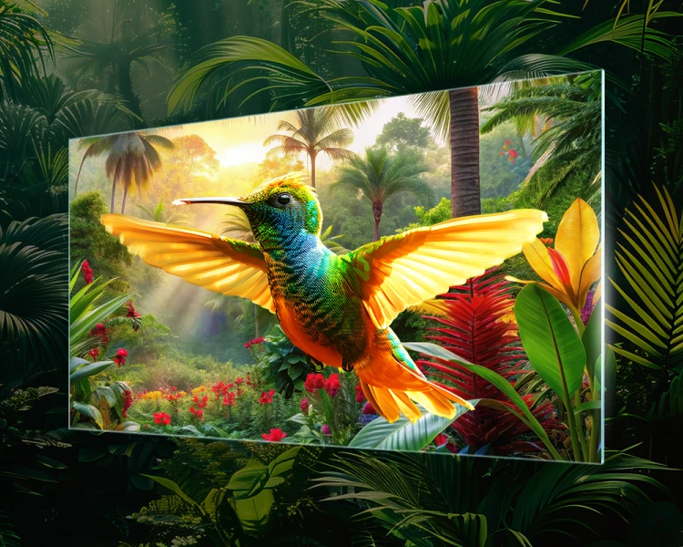 AUO indoor LED display showcasing a vibrant hummingbird in a lush jungle environment