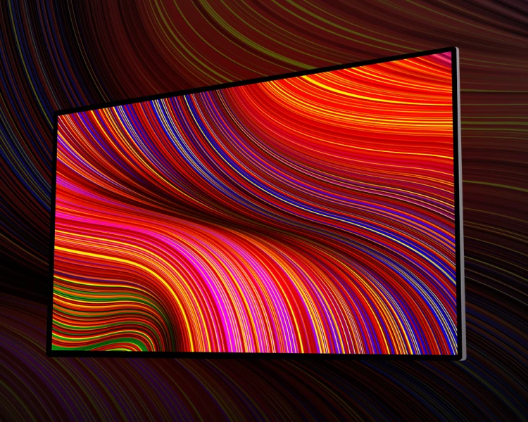 AUO indoor LED display with 98% DCI-P3 color coverage showcasing vibrant and dynamic swirling color patterns.