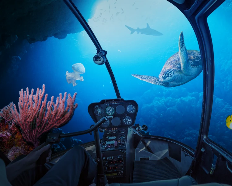 AUO ALED Display showcasing an immersive underwater experience from a cockpit perspective, featuring vibrant coral reefs, a sea turtle, tropical fish, and a distant shark, delivering unparalleled realism and detail.